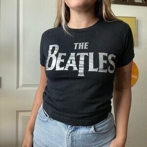 Vintage Y2K 2005 The Beatles Black Silver Print Graphic Baby T Sz XS